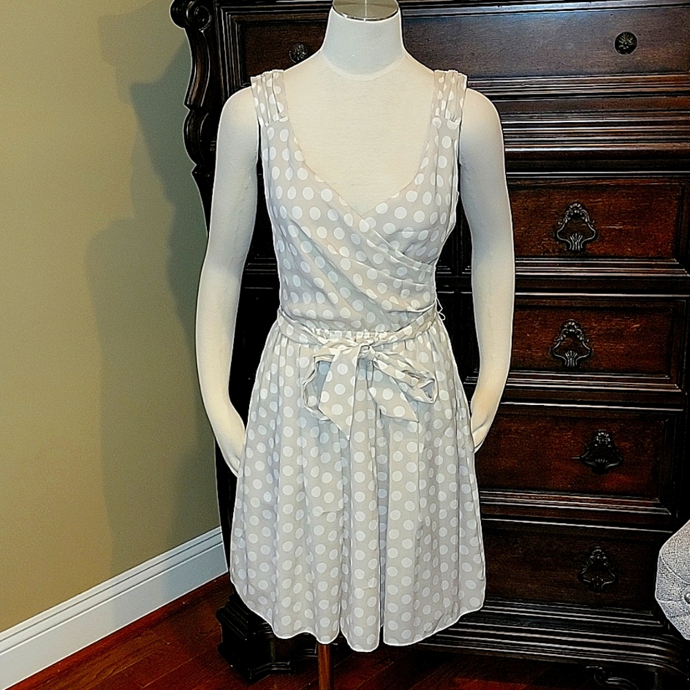 🤎 Express Polka-Dot White & Beige Dress, Size 4